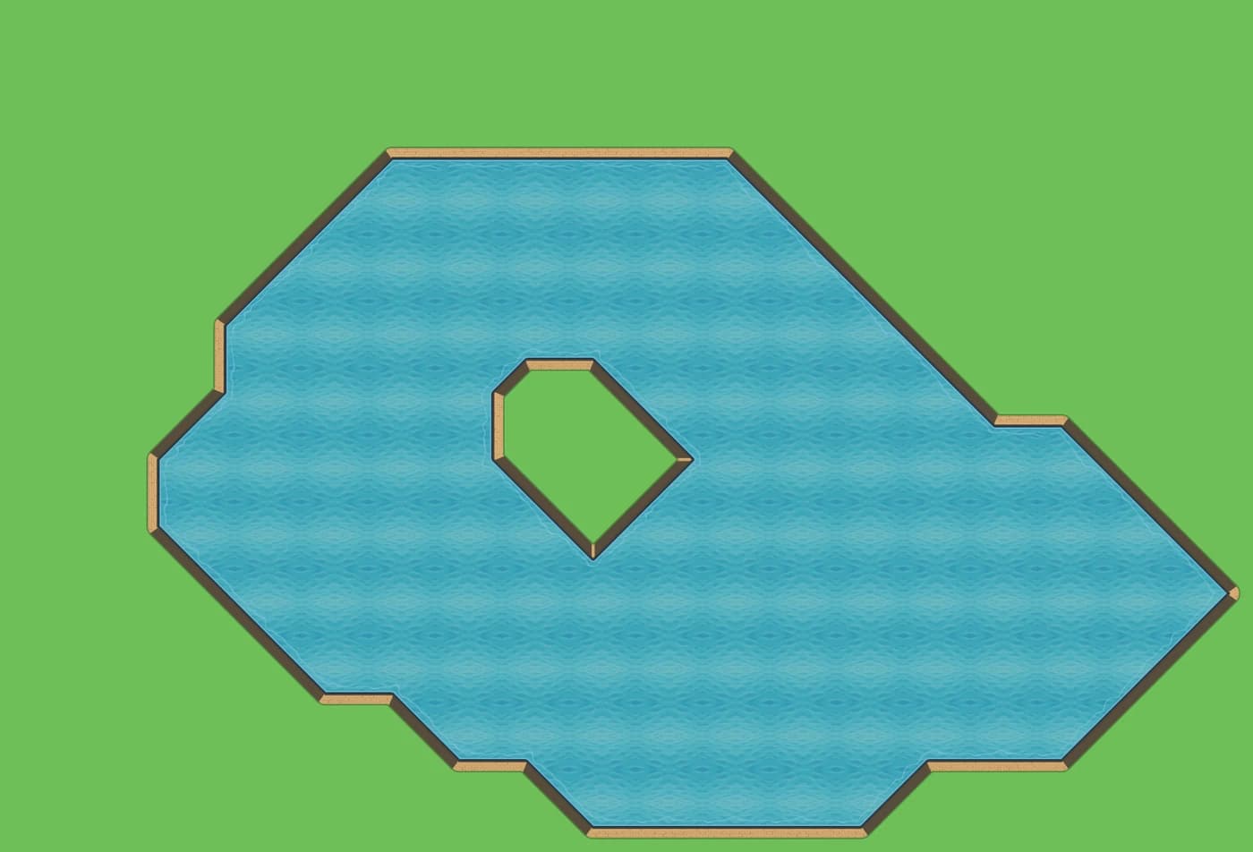 Sunken lake map rendered by TileForge — sandy rims, dark walls and an inner island, generated from one terrain design